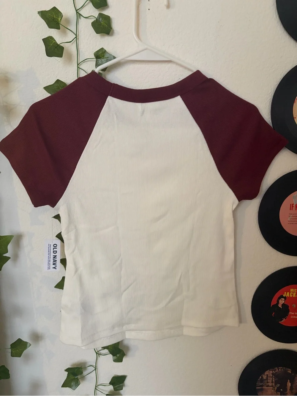 Old Navy White Tee with Burgundy Raglan Sleeves